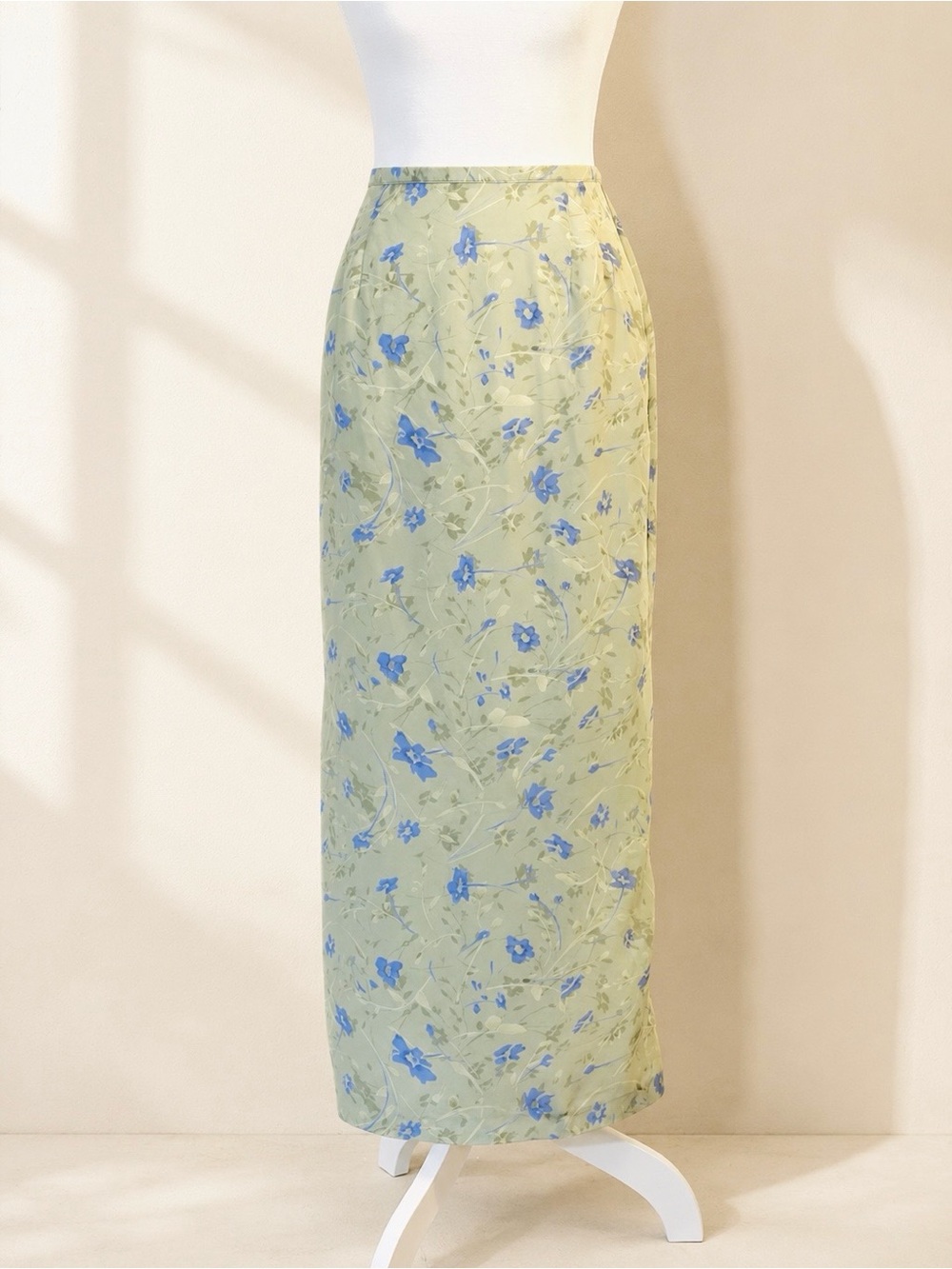 Vintage 90s  Norton McNaughton Sage Green Blue Floral Maxi Skirt Small